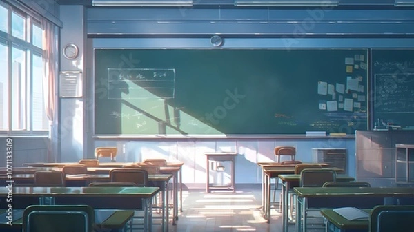 Fototapeta College lecture hall with chalkboard, empty desks, and chairs, in anime style with soft lighting to create a calm educational setting.