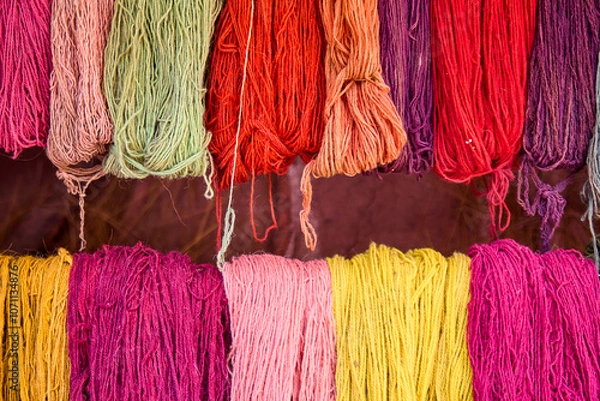 Fototapeta colorful fibers ready to be used by weavers at Chinchero-Cusco Peru.