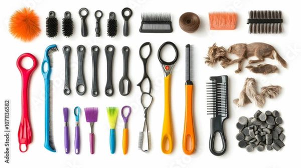 Fototapeta Pet Grooming Equipment: Collection of grooming tools for pets, isolated on white.Generated by AI 