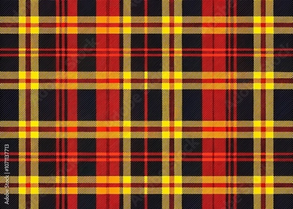 Fototapeta Seamless Tartan Pattern Design Featuring Two Thick Black and Two Thin Red Yellow Stripes in a Balanced Composition for Textile, Fashion, and Home Decor Applications