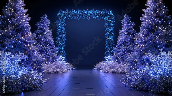 Obraz A serene winter scene featuring illuminated blue Christmas trees and a beautifully decorated archway, creating a festive and magical atmosphere.