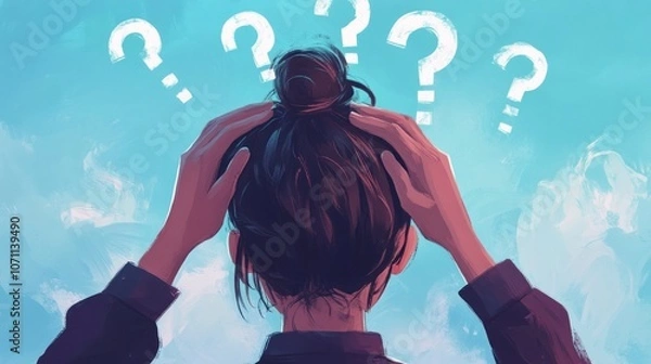 Fototapeta An artwork of people holding their heads in frustration, with question marks floating above them. The person is shown with an illustration of a problem in human life