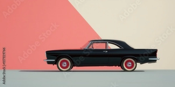 Fototapeta Classic black car with red rims against a colorful abstract background.
