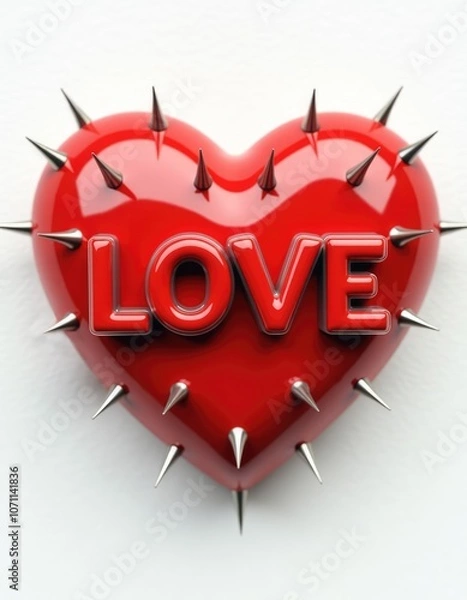Obraz A striking red heart adorned with sharp spikes, boldly declaring love in a unique artistic expression amidst a vibrant backdrop