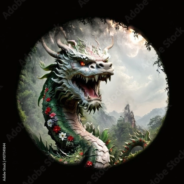 Obraz A majestic dragon coils among vibrant flowers in a mystical landscape, breathing life into a serene mountain setting at dawn