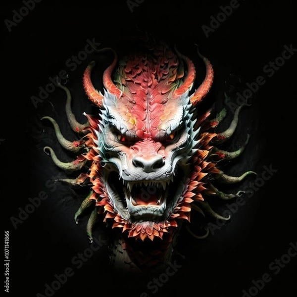 Obraz A stunning dragon head art piece emerging from darkness, showcasing fierce expression and intricate designs that captivate the imagination