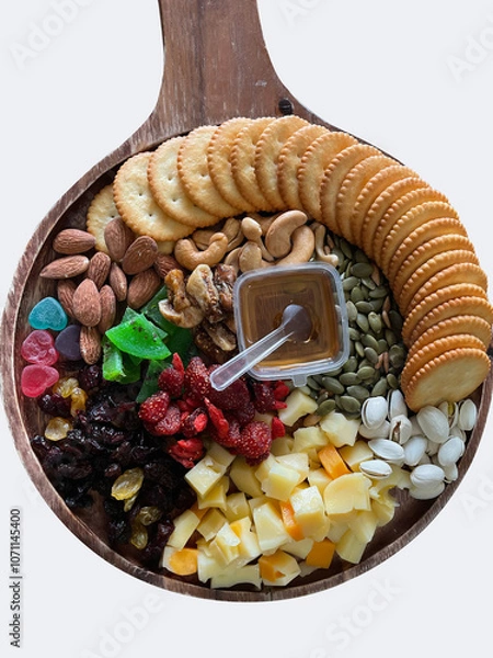 Fototapeta Cheese board with crackers and honey, with cereal
