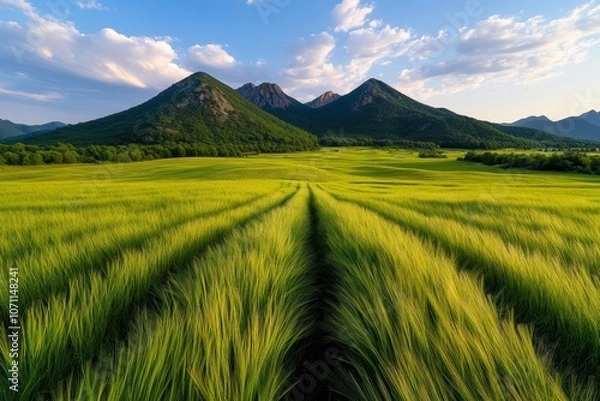 Fototapeta Field of tall wild grass with gentle hills in the background, in natural evening light