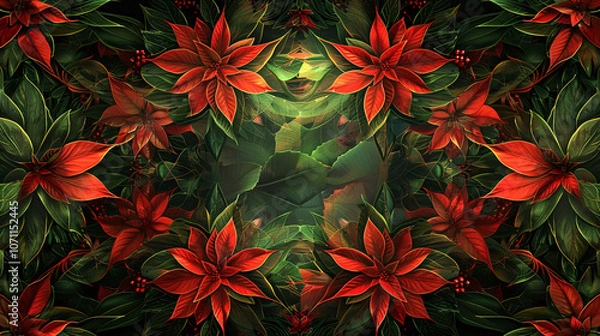 Fototapeta A vibrant digital artwork featuring red flowers surrounded by lush green foliage, creating a symmetrical and vivid floral pattern.