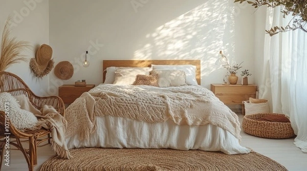 Fototapeta Cozy Minimalist Bedroom with Natural Decor and Soft Textures in Warm Earth Tones