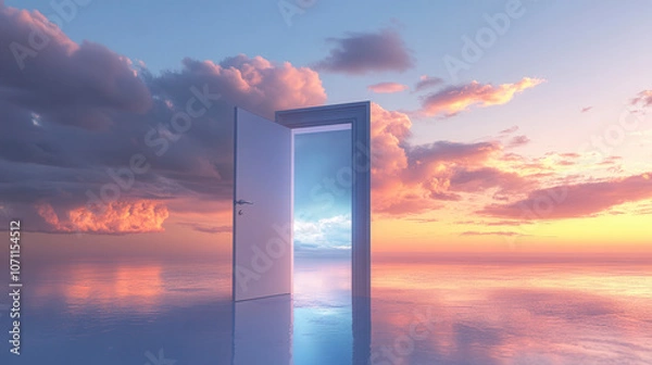 Fototapeta An open door leading to a vibrant sky and serene horizon at sunset, symbolizing new beginnings and possibilities