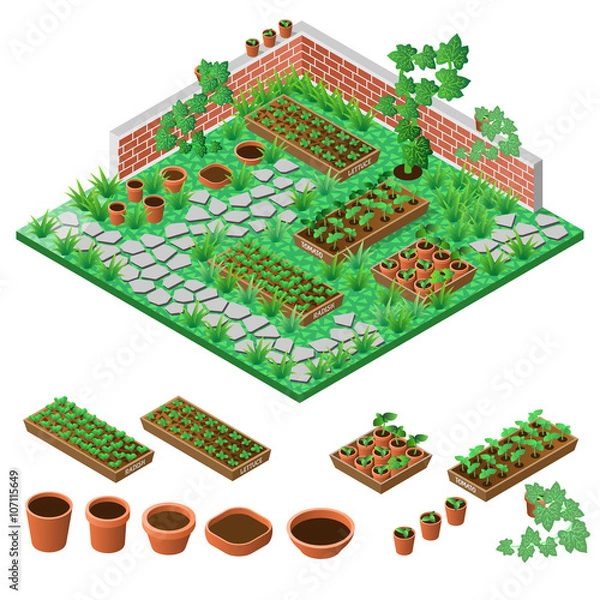 Obraz Garden in spring. Isometric icon set. Vector illustration.