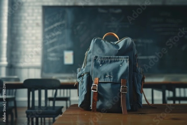 Fototapeta A school backpack on a desk in an empty classroom on the background of a blackboard. Back to school concept