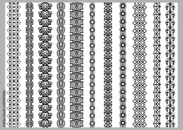 Fototapeta Indian Henna Border decoration elements patterns in black and white colors. Popular ethnic border in one mega pack set collections. Vector illustrations.Could be used as divider, frame, etc