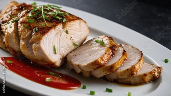 Fototapeta Sliced grilled chicken breast garnished with herbs and served with sauce.