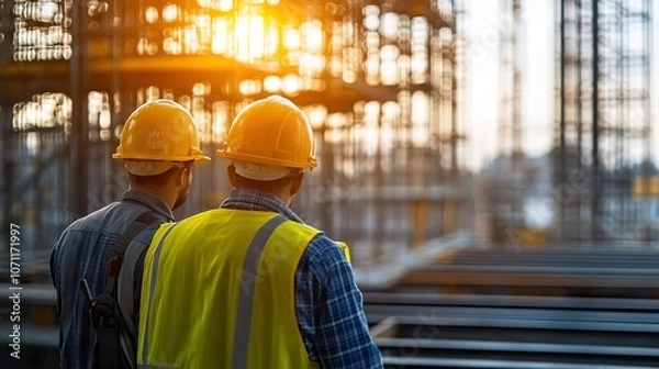 Fototapeta engineer and site manager working on-site together, ensuring the building project meets safety standards and stays on schedule