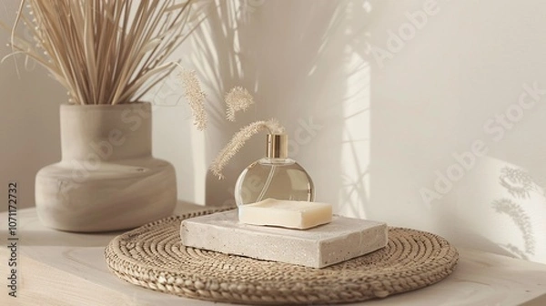 Fototapeta Bohemian-inspired glass perfume bottle and minimalist soap display