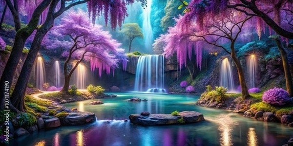 Fototapeta Mystical waterfall cascading through a vibrant forest, with blooming trees and ethereal lights reflecting in the tranquil water.