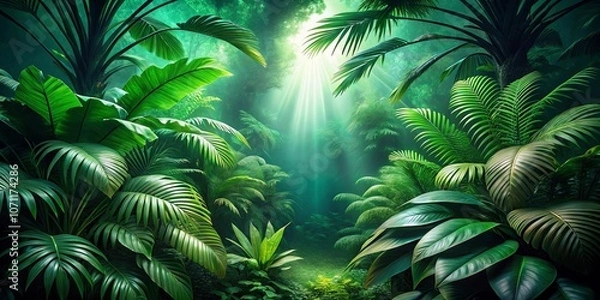 Fototapeta Lush Green Foliage Creates A Serene Path Through The Verdant Undergrowth, Illuminated By Sunlight Filtering Through The Canopy