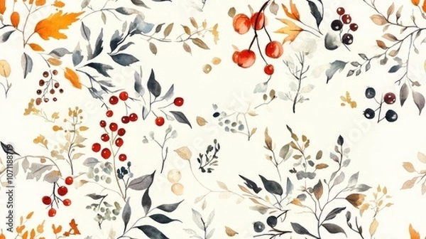 Fototapeta Watercolor seamless pattern featuring a natural frame adorned with hand drawn plants leaves and berries ideal for card backgrounds and fantasy garden designs