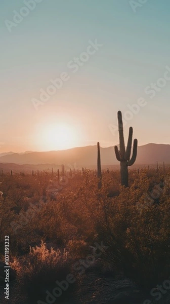 Obraz Saguaro cactus standing tall in arizona desert at sunrise