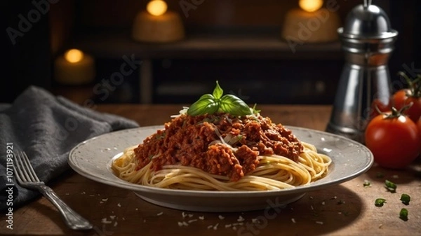 Fototapeta A plate of spaghetti topped with meat sauce and basil, set on a rustic wooden table.