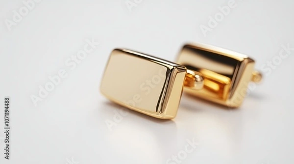Fototapeta Polished gold cufflinks, isolated on a white background, perfect for formal wear and style themes
