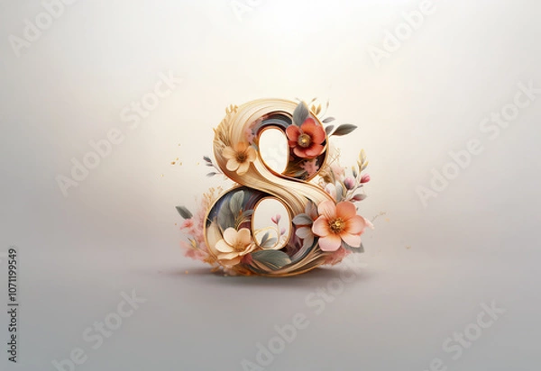 Fototapeta The number eight is formed by swirling foliage, with delicate flowers blooming around it.