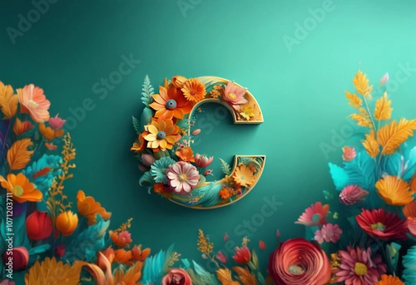 Fototapeta A 3D rendering of the letter C made of colorful flowers and leaves on a teal background.