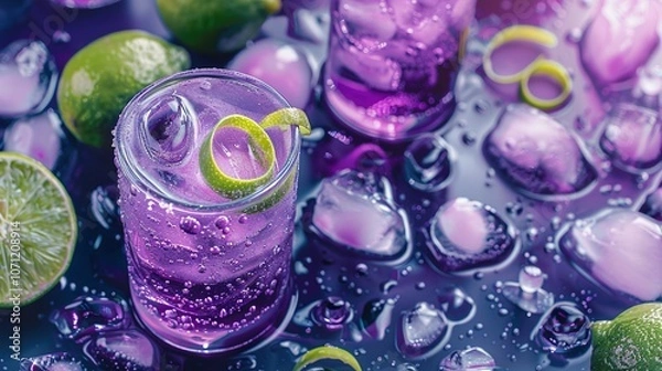 Fototapeta Vibrant Indulgence: Purple Cocktail with Ice and Lime Isolated for a Perfect Sip