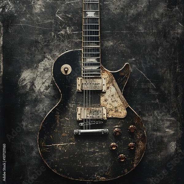 Fototapeta Aged Les Paul Guitar: A relic of rock 'n' roll history, a vintage Les Paul electric guitar with a distressed, aged finish rests against a dark, textured background.