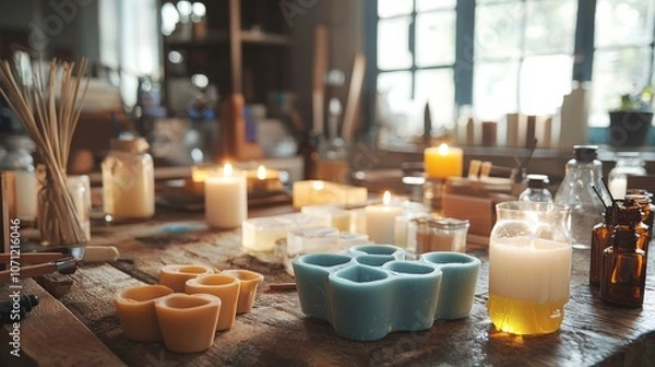 Fototapeta Candle Making Session with Molds and Oils