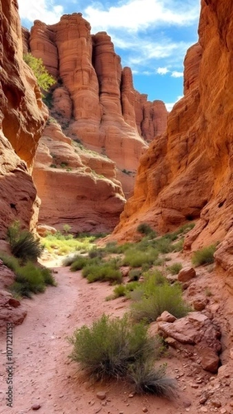 Fototapeta Stunning rock formations along a winding path through a vibrant red canyon in natural daylight. Generative AI