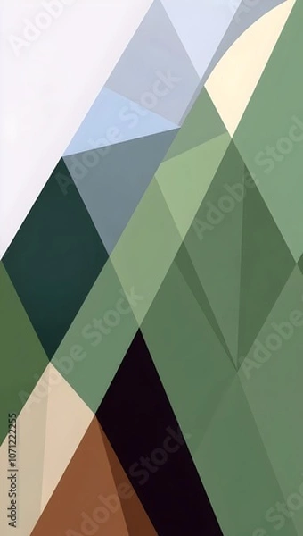 Fototapeta Geometric abstract artwork inspired by mountain landscapes featuring various green shades and pastel colors. Generative AI
