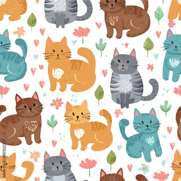 Fototapeta Cute cat hand drawn seamless pattern