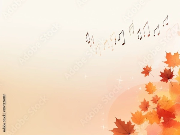 Fototapeta Autumn-themed background with musical notes and falling leaves.
