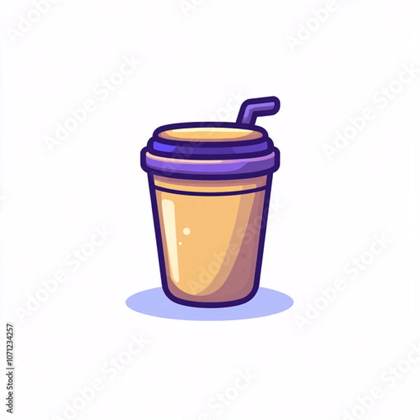 Fototapeta A stylized illustration of a cup with a lid and straw, featuring a cream-colored beverage, set against a plain background.