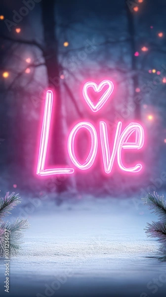 Fototapeta vibrant neon sign spelling Love in winter setting, surrounded by soft pine branches and dreamy background. Perfect for romantic themes