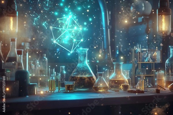 Fototapeta Mystical chemistry scene with glowing molecules and magical looking potions. Ethereum lab setup
