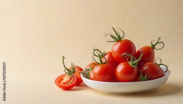 Obraz A plate filled with fresh red tomatoes sits on a table, highlighting their bright color and natural ripeness. The scene feels fresh and healthy.