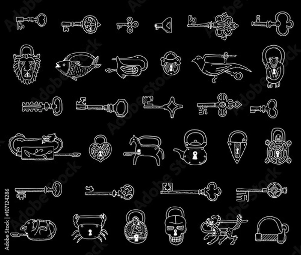 Obraz Set of vintage keys and locks in vector.  Doodles. Isolated  on a chalkboard.