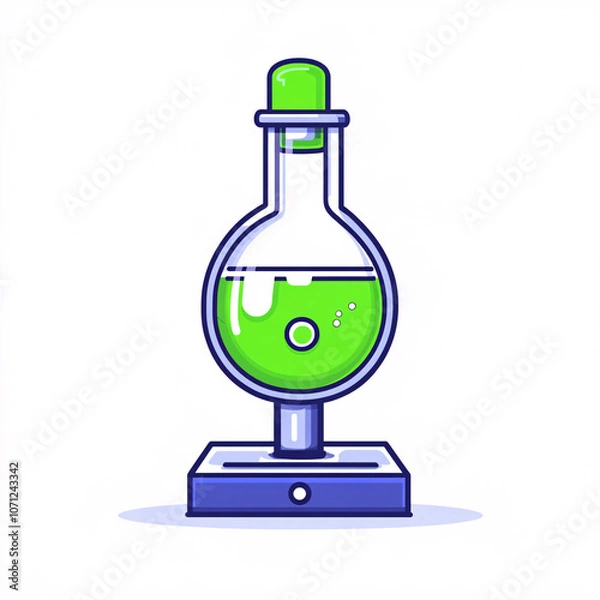 Fototapeta A cartoon-style image of a round-bottomed flask filled with bright green liquid, resting on a stand.