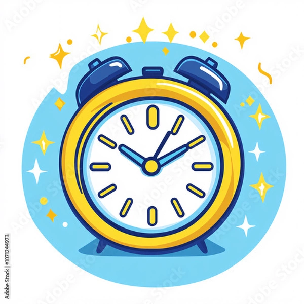 Fototapeta A colorful, cartoon-style alarm clock with shining accents, set against a blue background, symbolizing time and productivity.