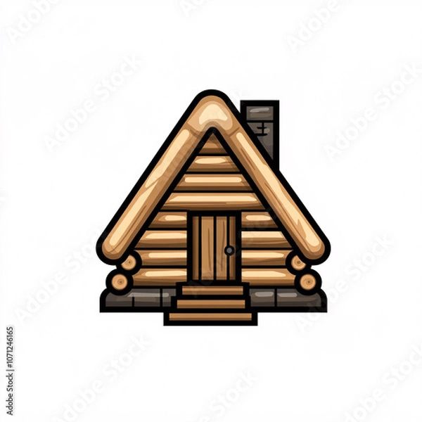 Fototapeta A cozy, cartoon-style log cabin with a triangular roof and a welcoming front door.