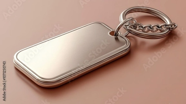 Fototapeta Blank metal keychain with a ring and chain on a brown background.