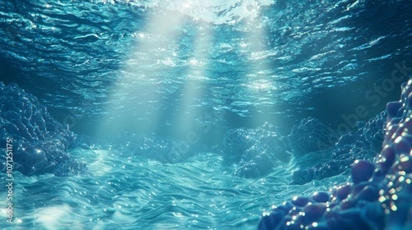 Fototapeta Serene Underwater Landscape with Collagen Structures Mimicking Gentle Waves | Ultra-Detailed 3D Render Illustration of Tranquil Subaquatic Scenery with Soft Illumination
