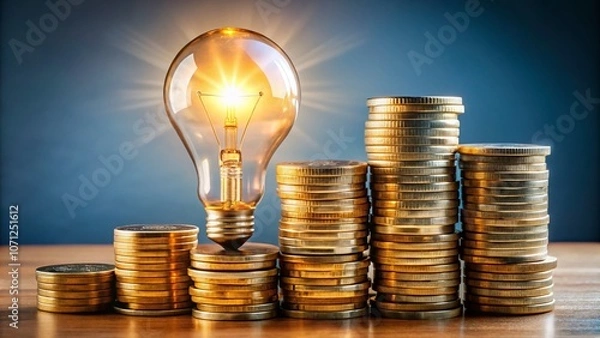 Fototapeta Understanding the Rising Costs of Electricity and Heating Bills: A Visual Representation of Electric Light Bulb and Coins Amidst the Energy Crisis