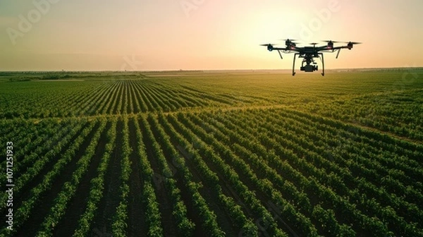 Obraz Drone Flying Over Green Agricultural Field at Sunset - Precision Farming and Technology in Agriculture.