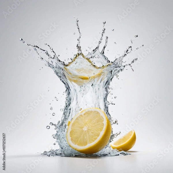 Fototapeta Bright lemons splash water, invigorating the scene.