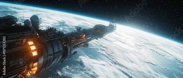 Fototapeta Futuristic Spaceship Orbiting Earth with Stunning Cloud Formations and Starry Sky.